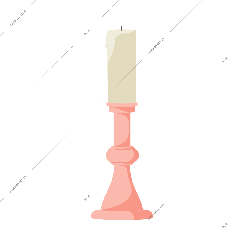 Flat wax candle in pink candlestick vector illustration