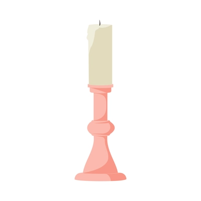 Flat wax candle in pink candlestick vector illustration