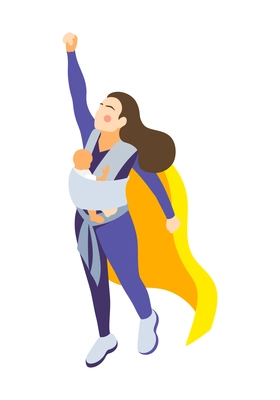 Super mum with baby and yellow cape isometric icon vector illustration