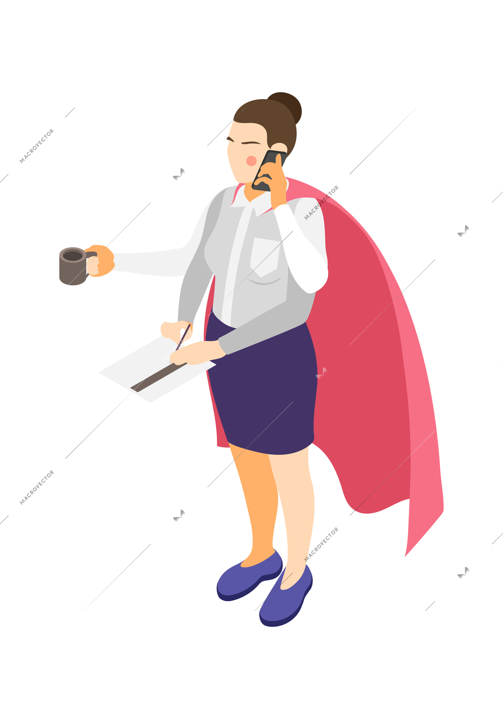 Multitasking isometric icon with busy woman character with superhero cape and four arms vector illustration