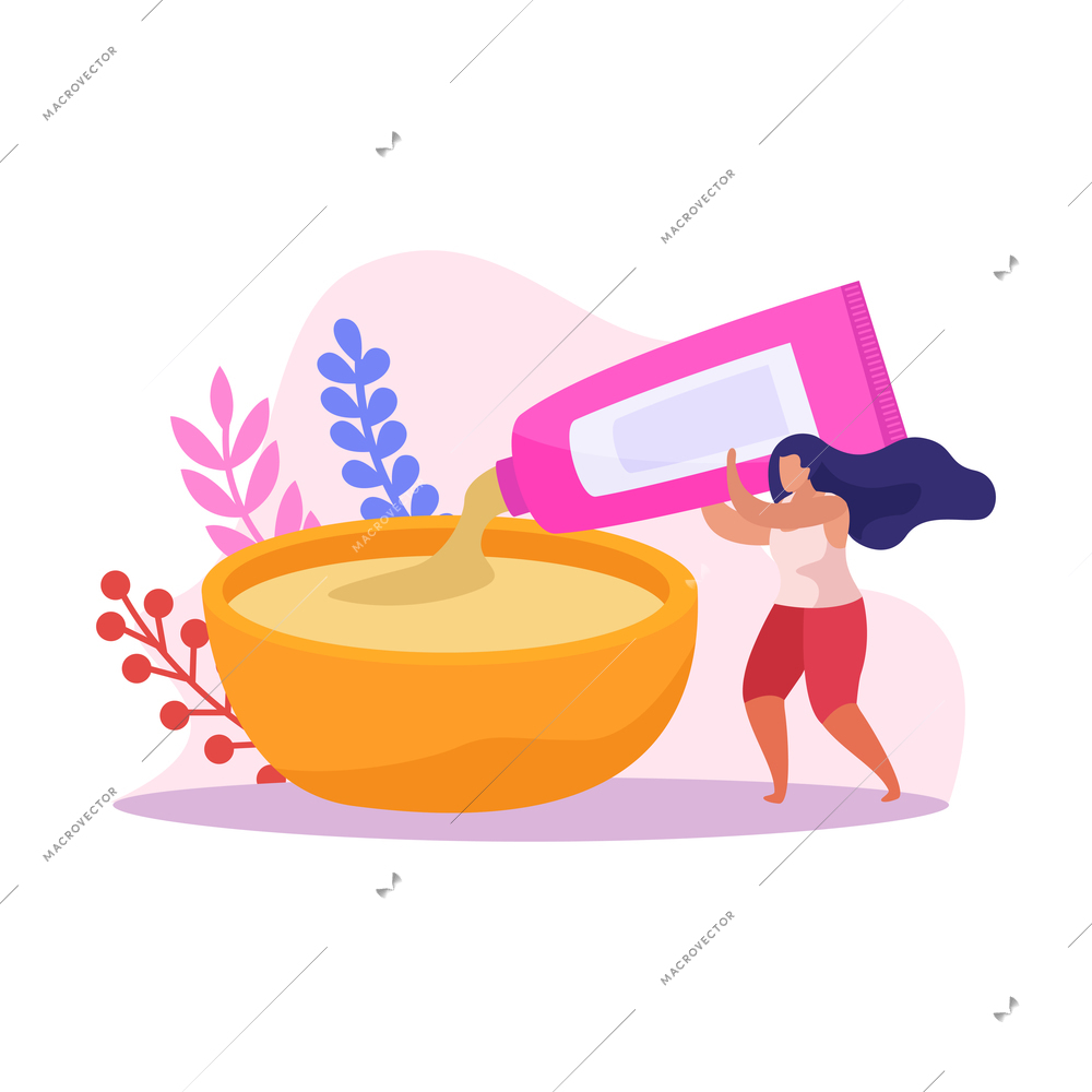 Beauty salon flat icon with woman squeezing cosmetic product from tube into bowl vector illustration