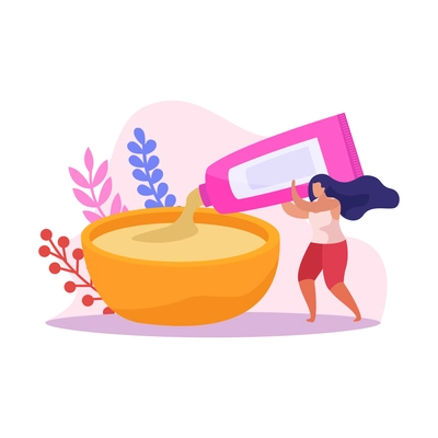 Beauty salon flat icon with woman squeezing cosmetic product from tube into bowl vector illustration