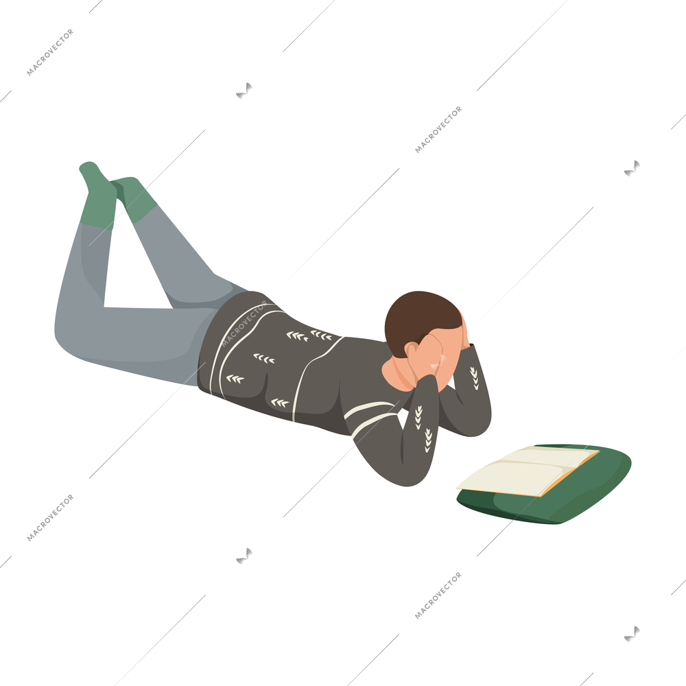 Hygge lifestyle icon with man wearing warm sweater reading book on floor flat vector illustration