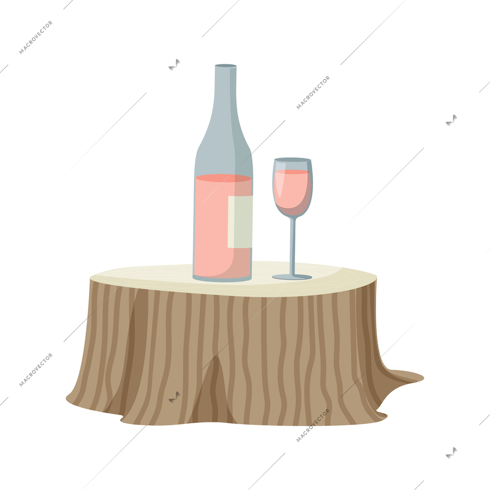 Flat bottle of rose wine and glass on wooden stump table vector illustration