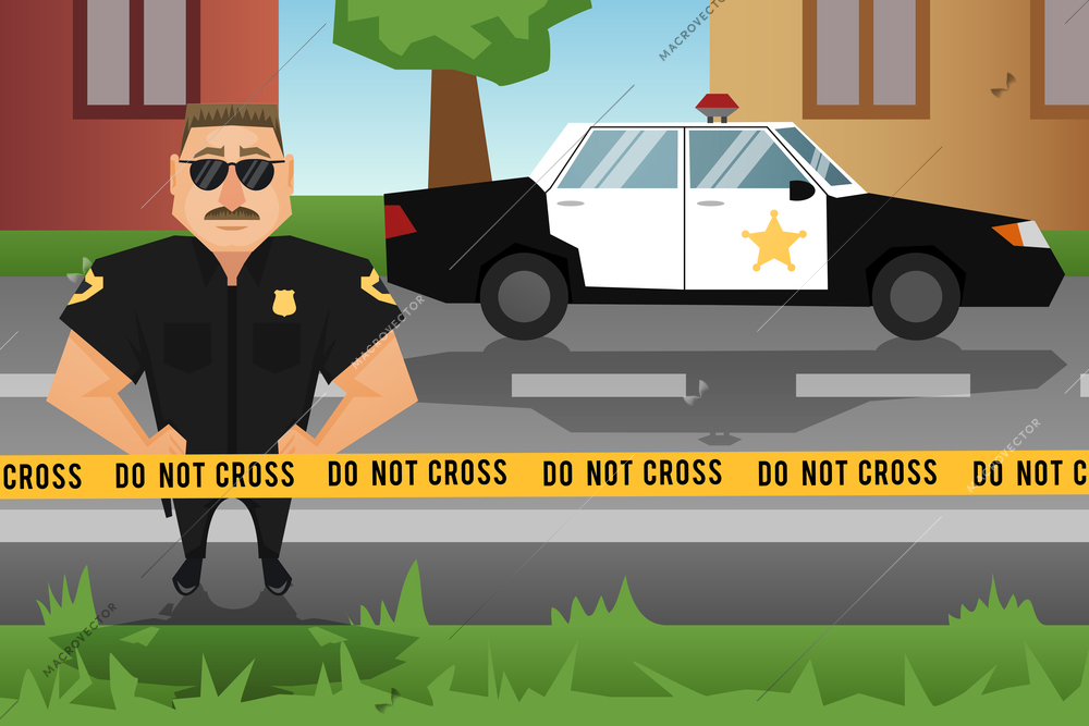 Policeman on crime scene with patrol car on background vector illustration