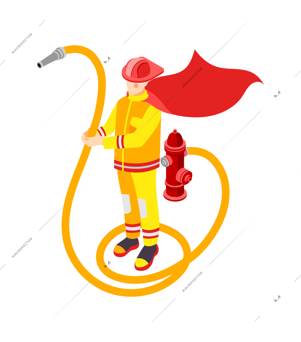 Isometric character of superhero fireman holding yellow hose vector illustration