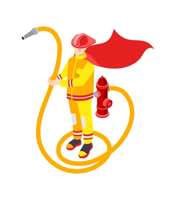 Isometric character of superhero fireman holding yellow hose vector illustration