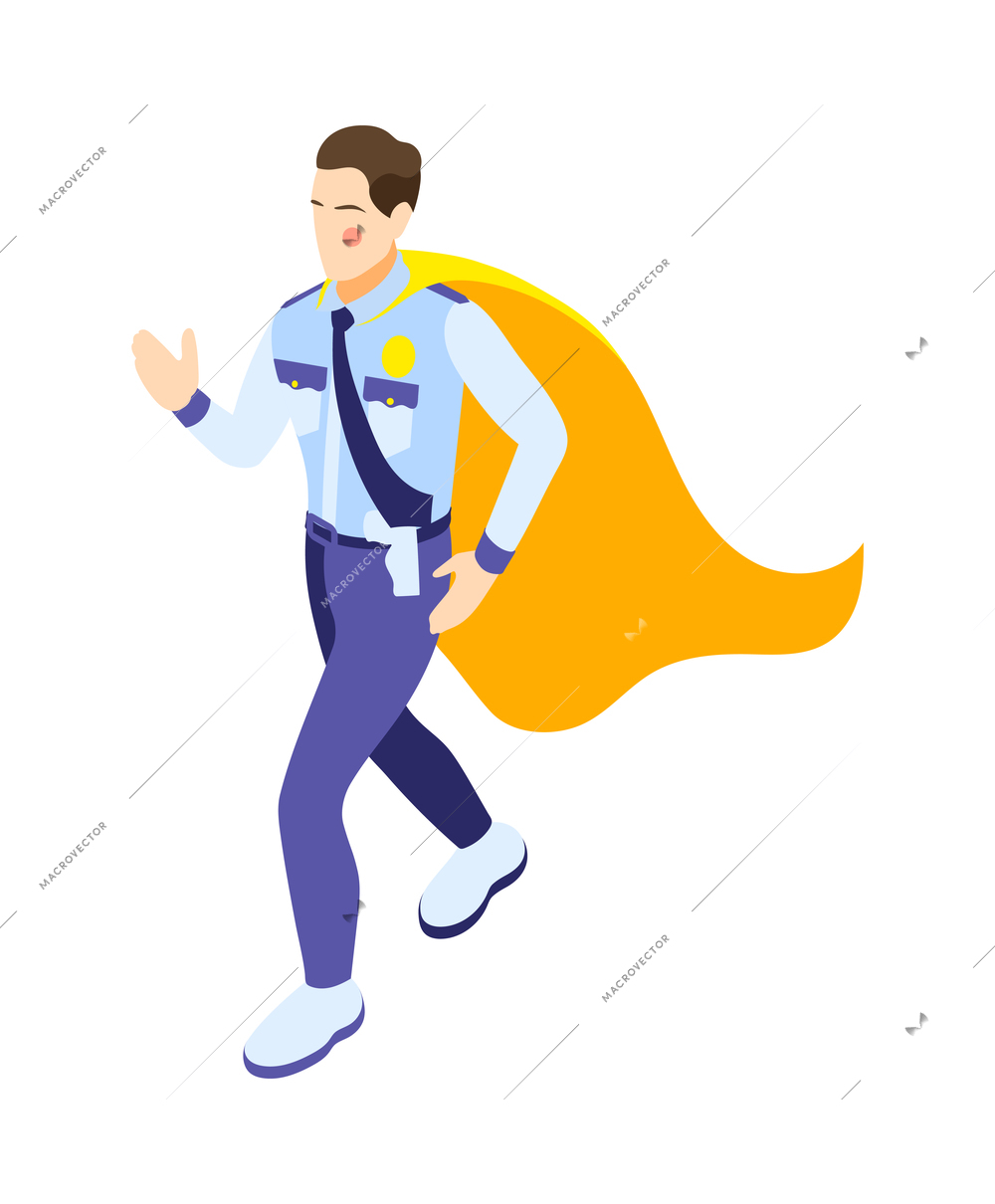 Policeman walking in yellow superhero cape on white background isometric vector illustration