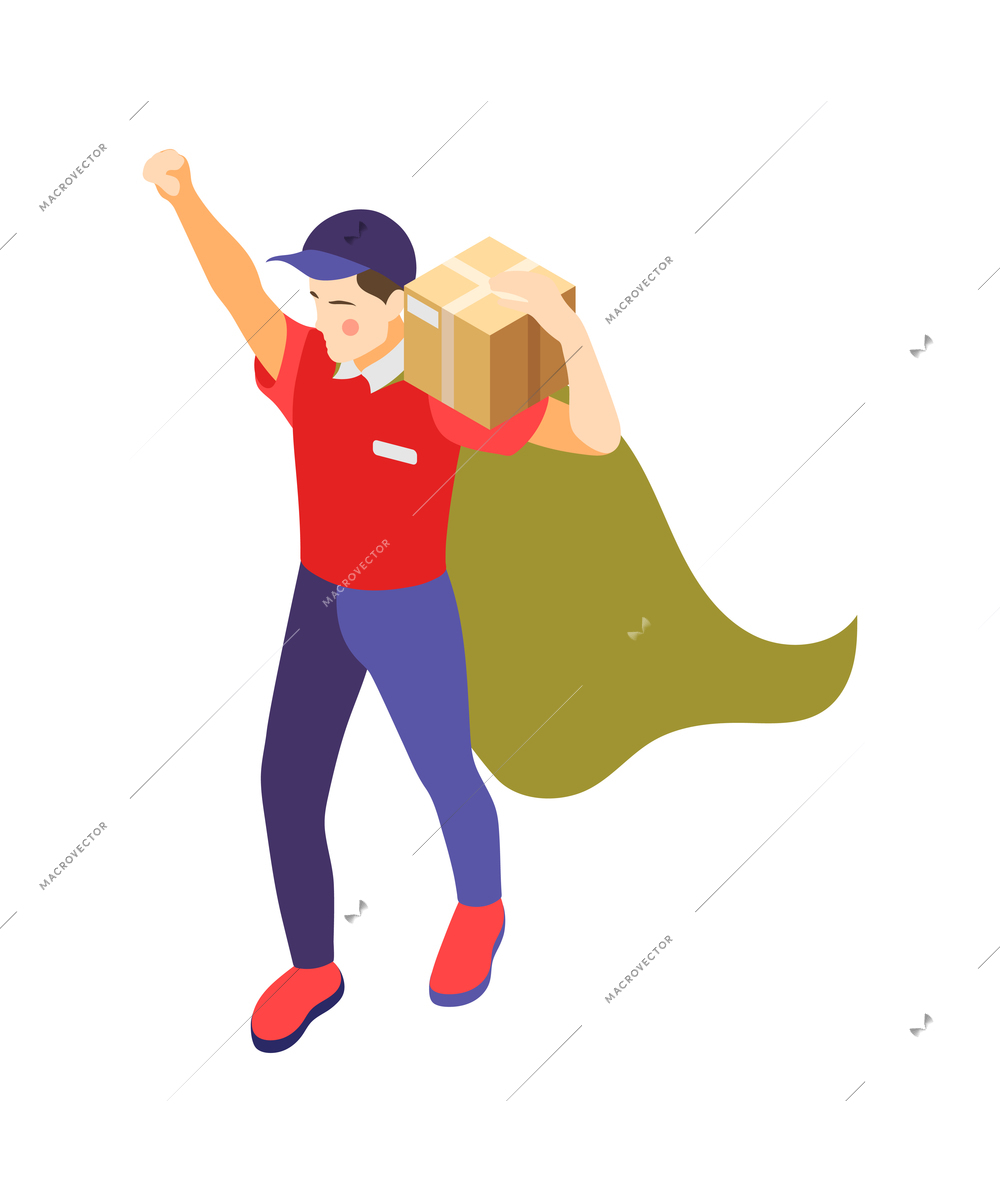 Confident delivery man carrying box in superman cape isometric vector illustration