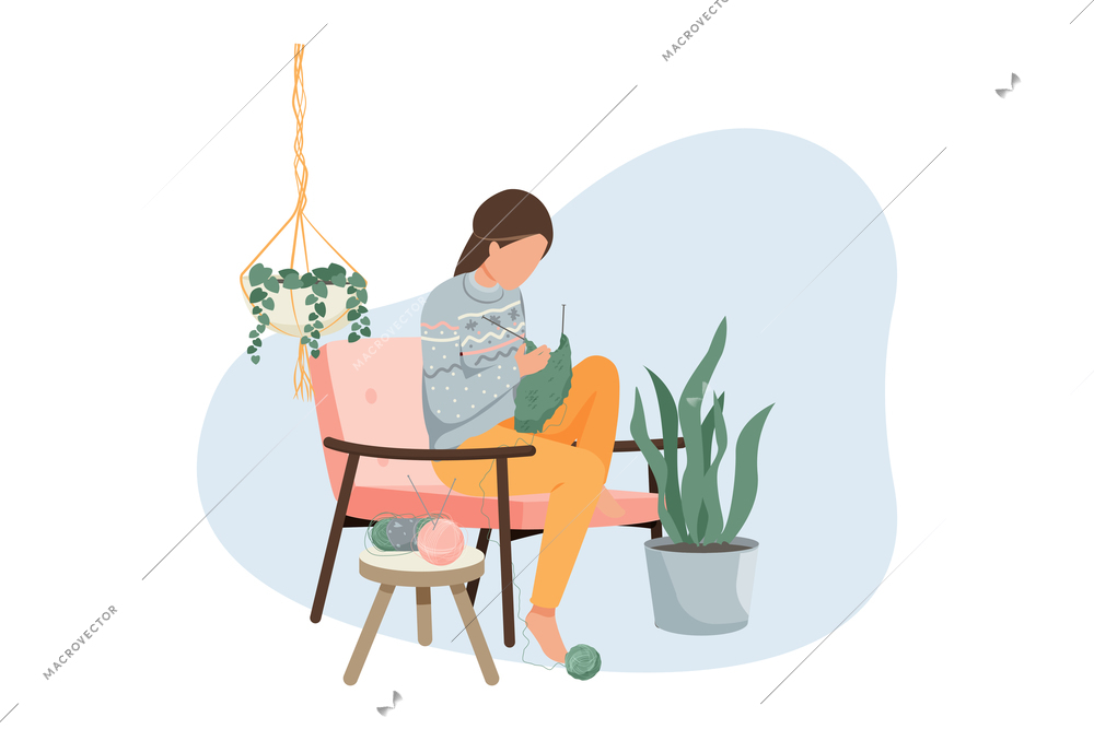 Hygge lifestyle flat composition with knitting woman in cozy room vector illustration