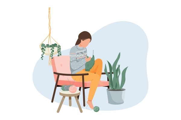 Hygge lifestyle flat composition with knitting woman in cozy room vector illustration