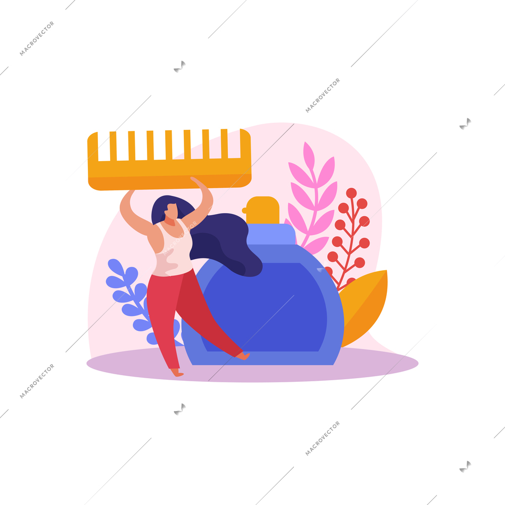 Flat icon with character of hair stylist holding comb and bottle of cosmetic product vector illustration