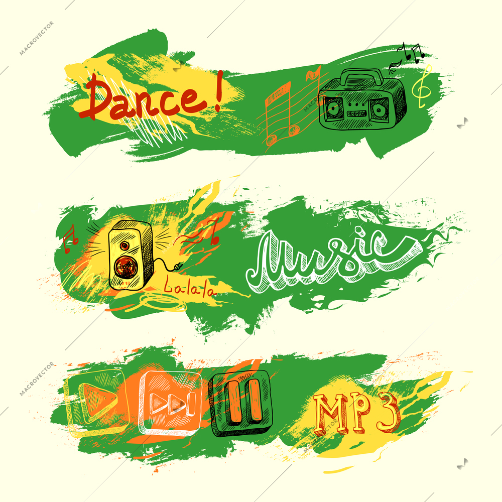 Grunge sketch paint art music banners set isolated vector illustration