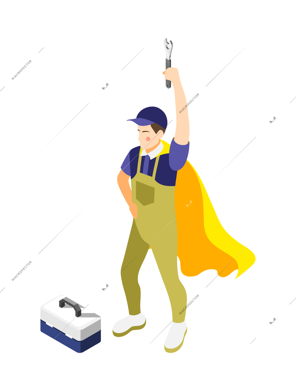 Ordinary repairman in superhero cape isometric icon on white background vector illustration