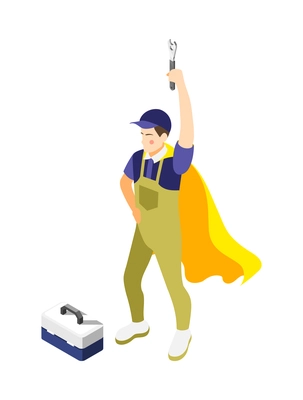 Ordinary repairman in superhero cape isometric icon on white background vector illustration