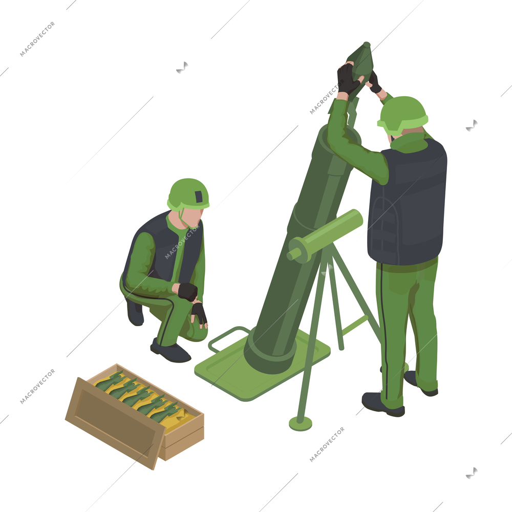 Army isometric icon with two military men loading grenade launcher vector illustration