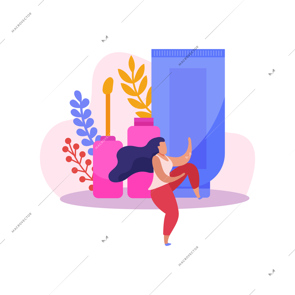 Makeup flat composition with tube lip gloss and woman on background with leaves vector illustration