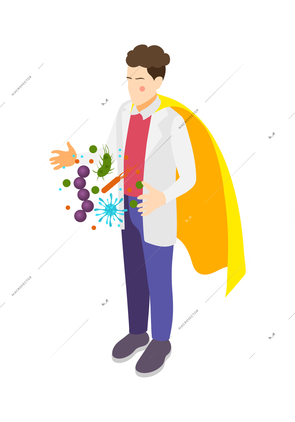 Character of confident scientist in superhero cloak and colorful images of virus bacteria isometric vector illustration