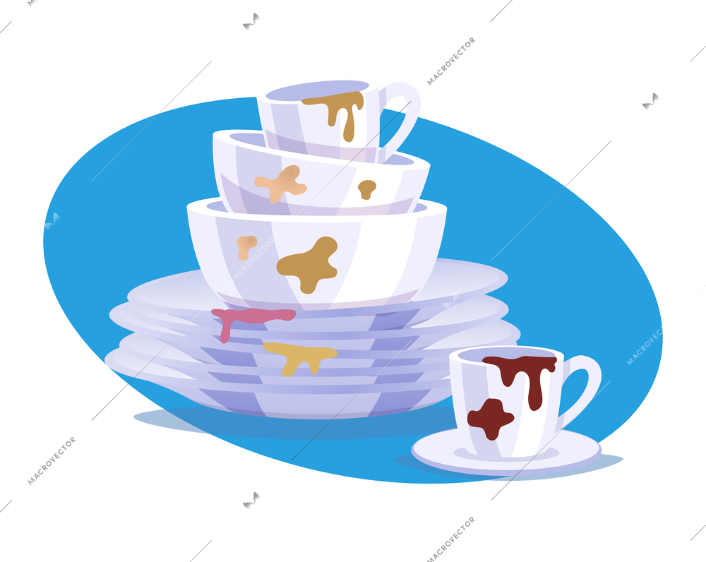 Pile of dirty dishes plates bowls cups flat composition vector illustration