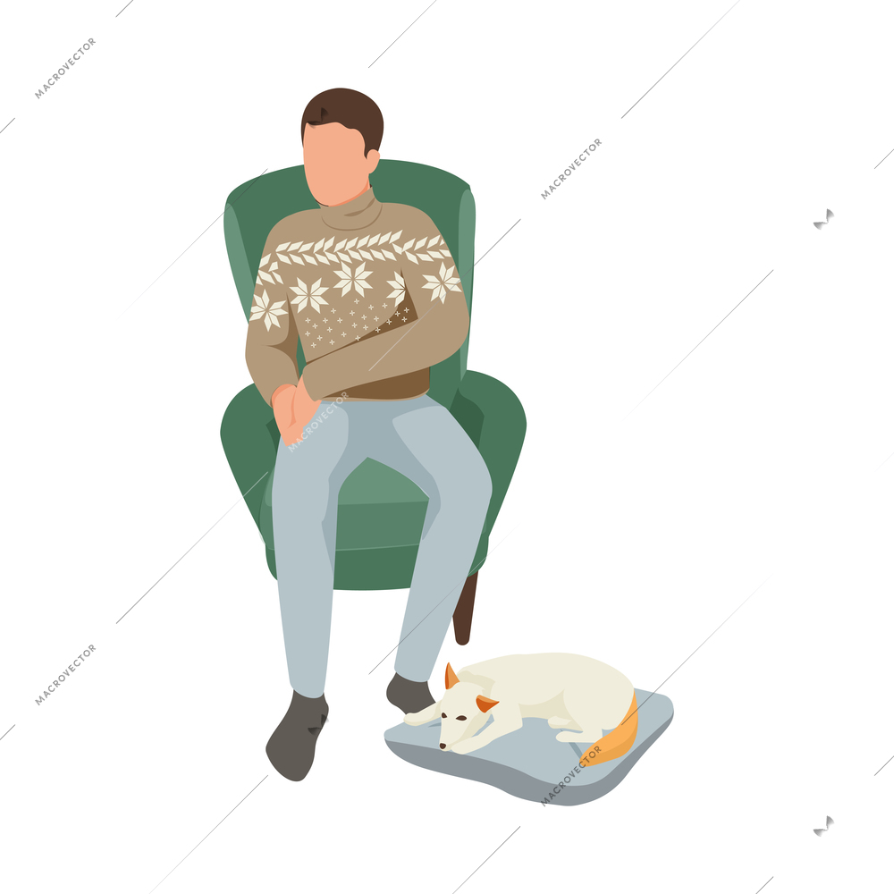 Hygge lifestyle flat icon with man in warm sweater on armchair and his sleeping dog vector illustration