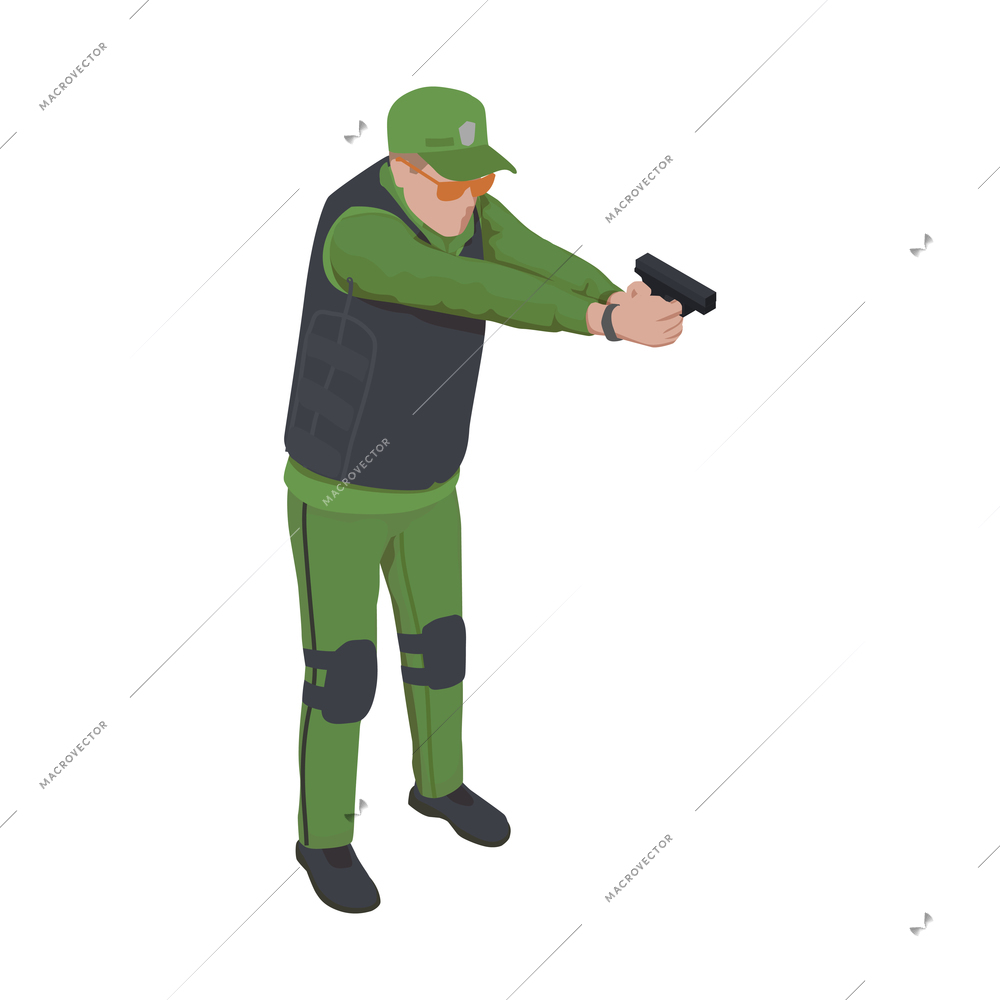 Army isometric icon with character firing pistol vector illustration