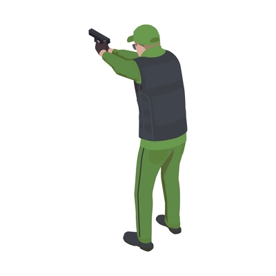 Back view of military man with pistol wearing armor vest isometric vector illustration