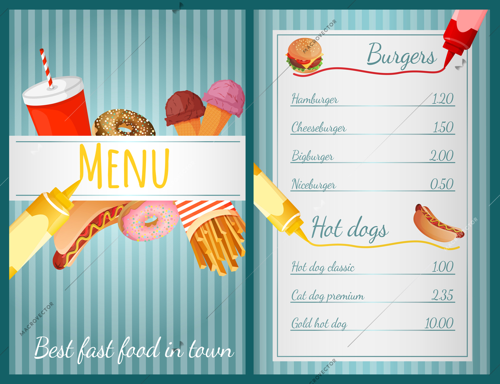 Fast food restaurant menu with burgers and hotdogs vector illustration