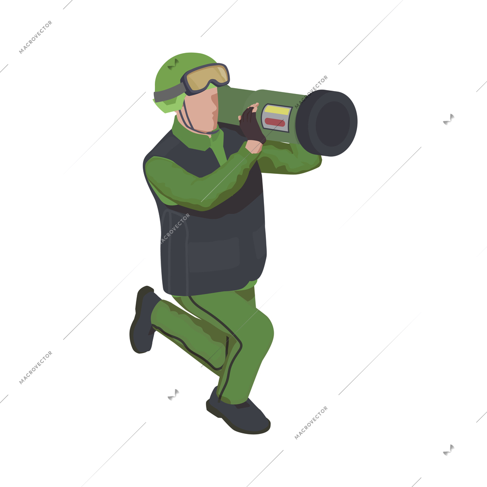 Army isometric icon with character shooting from portable air defense system vector illustration