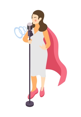 Isometric icon with ordinary woman singer in superhero cloak vector illustration