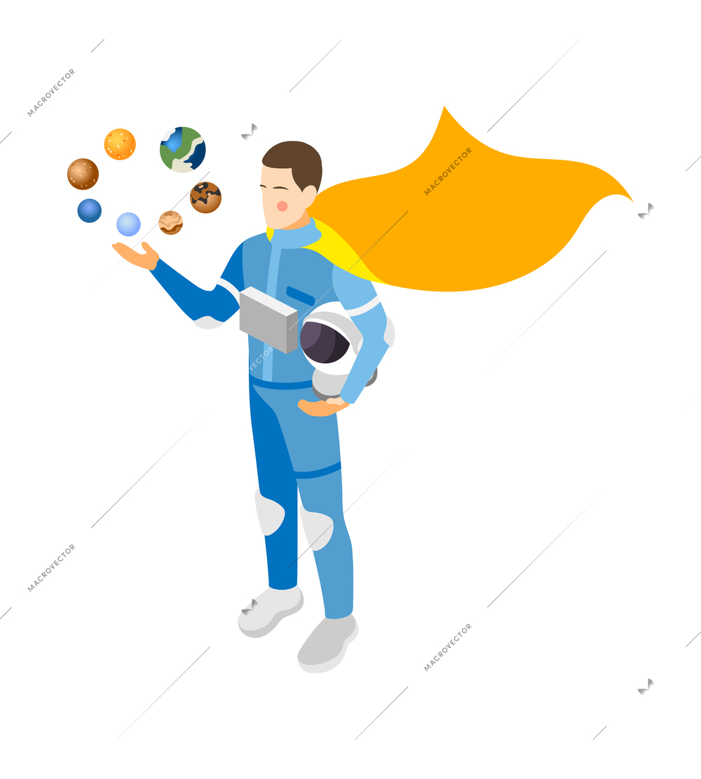 Superhero astronaut character in waving yellow cape and colorful planets isometric vector illustration