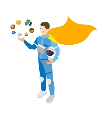 Superhero astronaut character in waving yellow cape and colorful planets isometric vector illustration