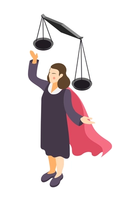 Isometric icon with justice scales and successful woman lawyer in superhero cape vector illustration