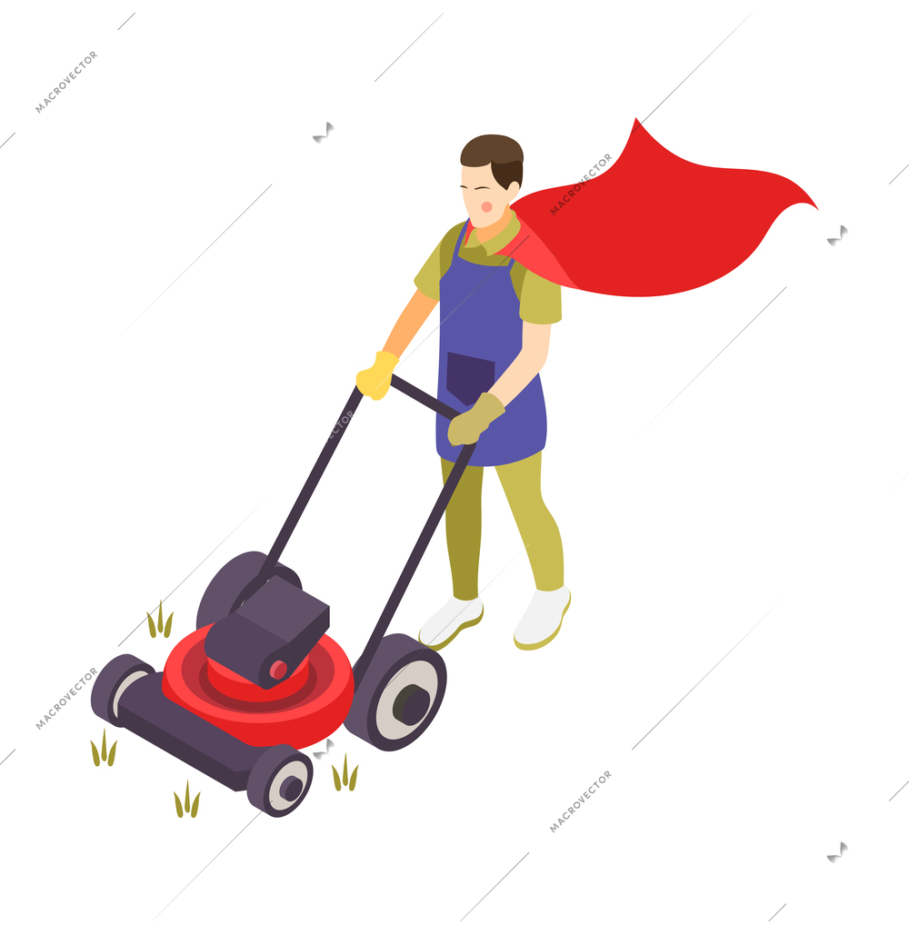 Isometric icon with character of gardener in red superhero cape 3d vector illustration