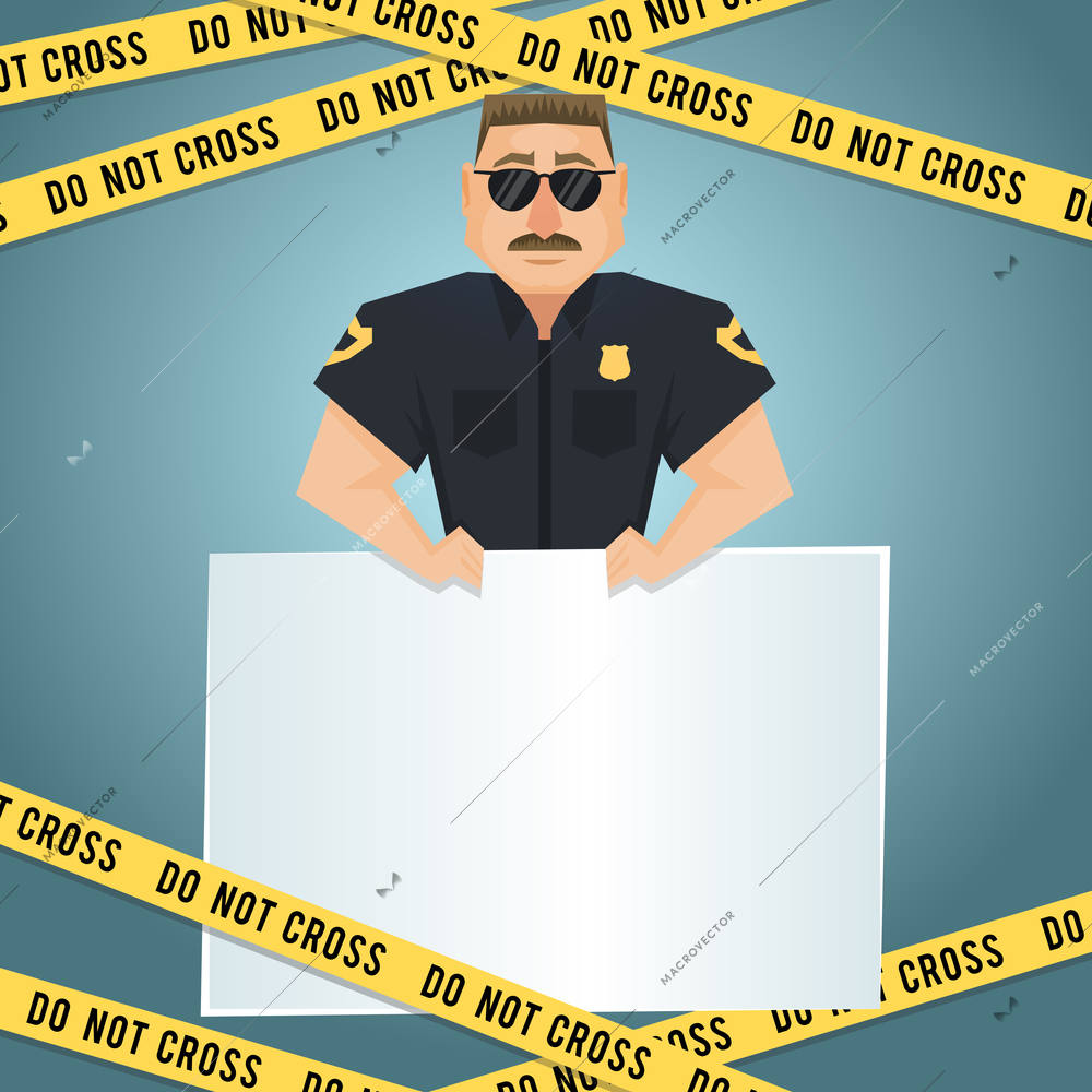 Policeman character with blank board and yellow do not cross tape poster vector illustration