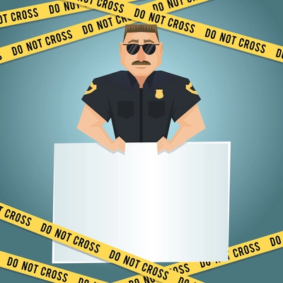 Policeman character with blank board and yellow do not cross tape poster vector illustration