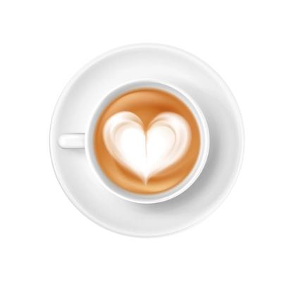 Realistic cup of coffee with heart shape latte art on saucer vector illustration