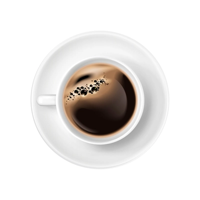 Realistic black coffee with foam in white cup on saucer top view vector illustration