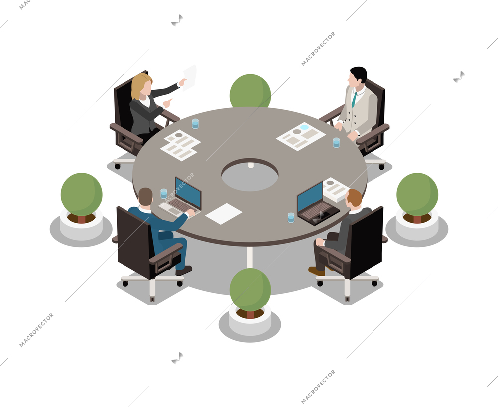 Business meeting isometric icon with people sitting at round table 3d vector illustration