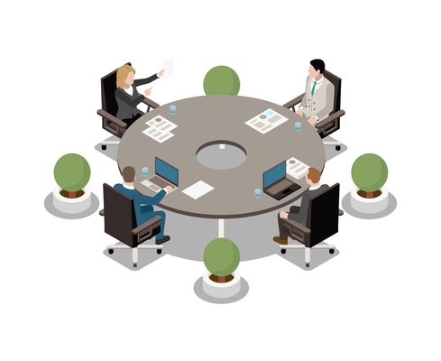 Business meeting isometric icon with people sitting at round table 3d vector illustration