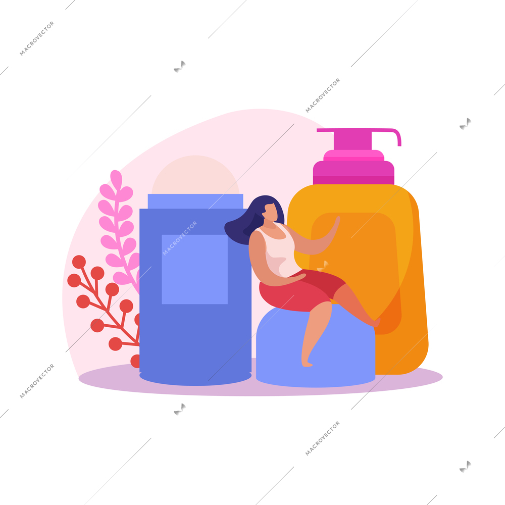 Flat icon with beauty products and female character vector illustration