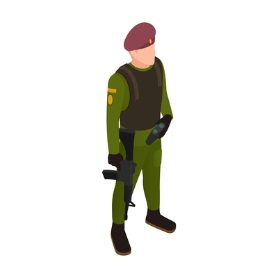 Refugee camp isometric icon with armed security guard vector illustration