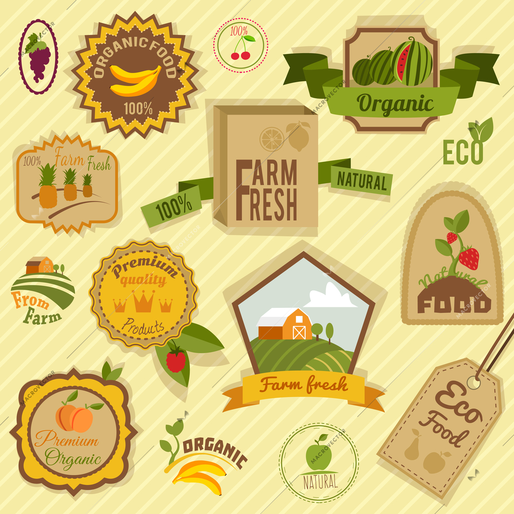 Eco farm fresh organic food fruits labels and tags set isolated vector illustration