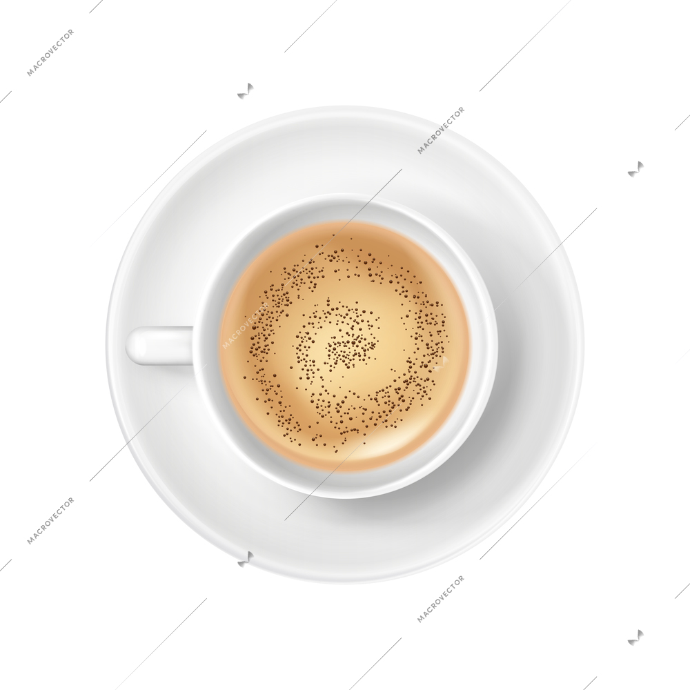 Coffee with foam in cup on saucer top view realistic icon vector illustration