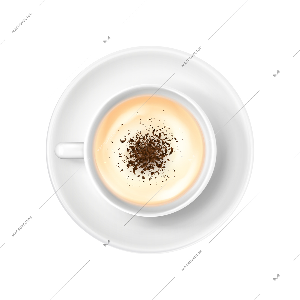 Top view of coffee with milk in white cup realistic vector illustration