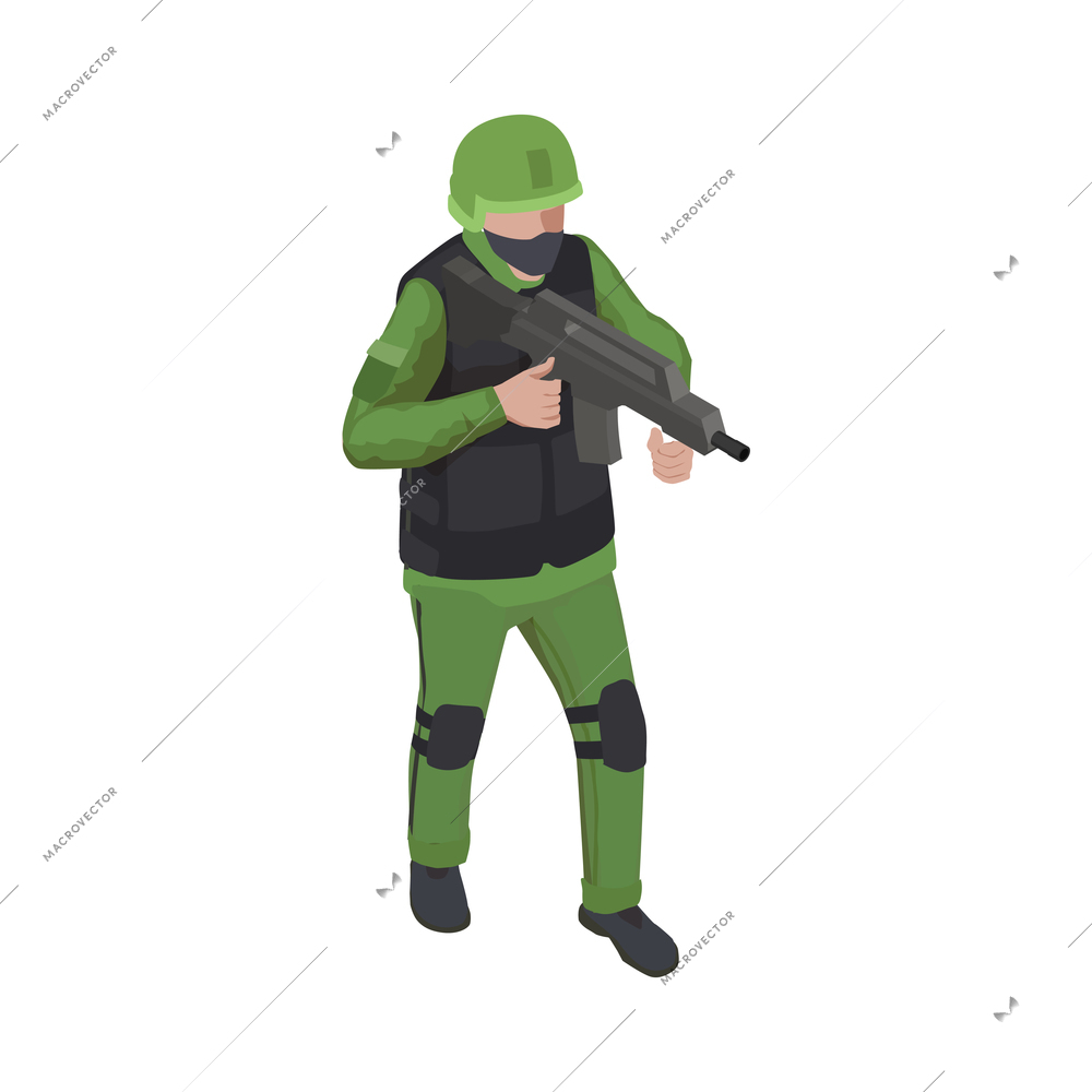 Isometric character of armed soldier wearing armor vest 3d vector illustration