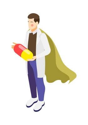 Male character of superhero doctor in cape holding capsule isometric vector illustration