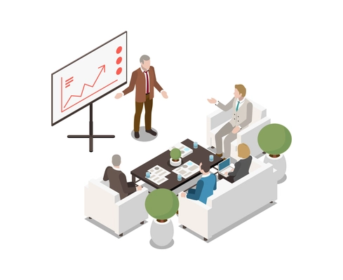 People having meeting in room with white board rectangular table and soft furniture isometric vector illustration