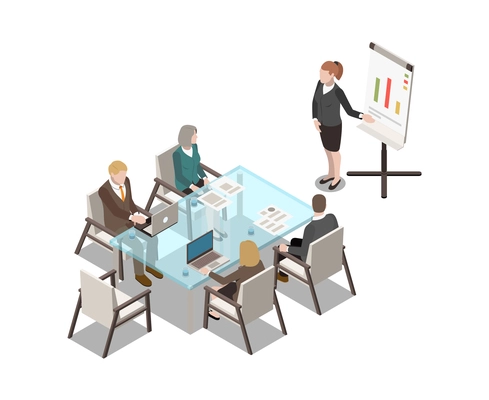 Meeting room interior isometric icon with glass table white board and business people 3d vector illustration