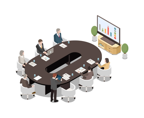 Business people sitting at oval desk watching lcd screen presentation in meeting room 3d isometric vector illustration