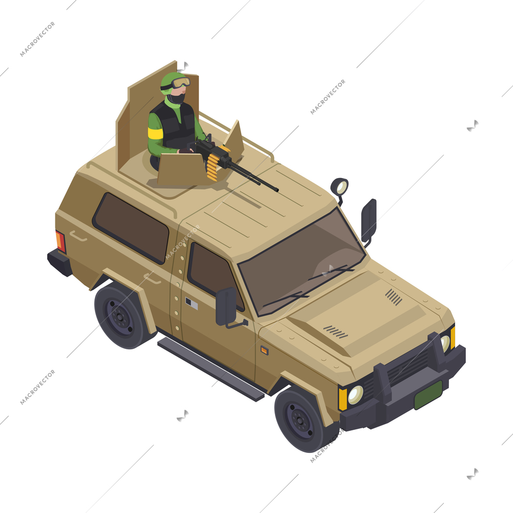 Army isometric icon with military road transport and armed soldier 3d vector illustration